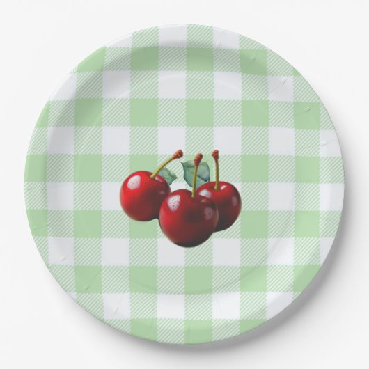 Retro Cherries fresh picked green gingham Papieren Bordje (Voorkant)