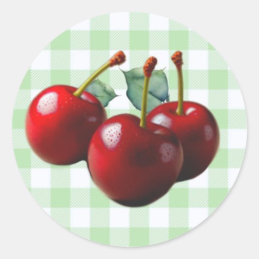 Retro Cherries fresh picked green gingham Ronde Sticker (Voorkant)