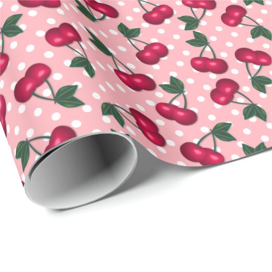 Retro Cherries op Peach Pink Polka Dot Background Cadeaupapier (Rol Hoek)
