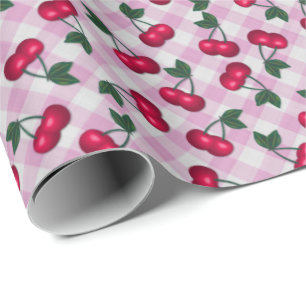 Retro Cherries op Roze Gingham Cadeaupapier