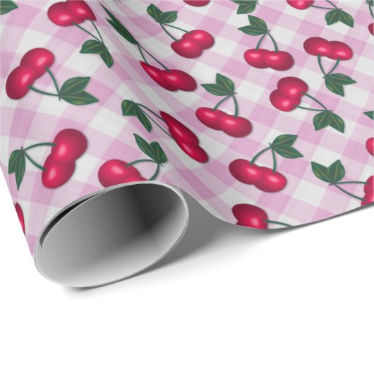 Retro Cherries op Roze Gingham Cadeaupapier (Rol Hoek)
