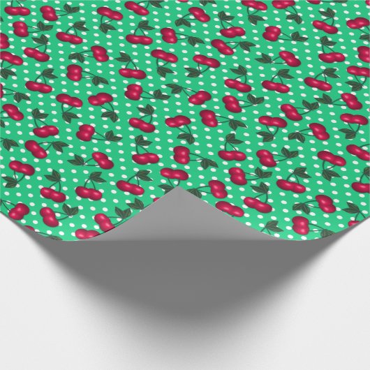 Retro Cherries op Spring GreePolka Dot Background Cadeaupapier (Hoek)