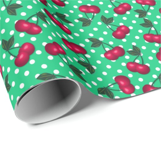 Retro Cherries op Spring GreePolka Dot Background Cadeaupapier (Rol Hoek)