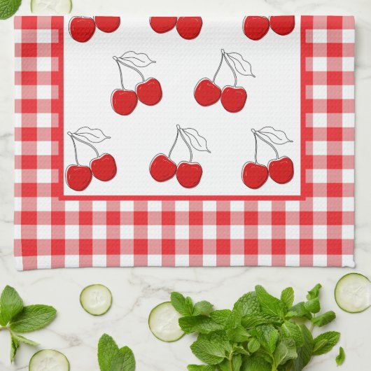 Retro Cherries Red Gingham Country Farmhouse Theedoek (Gevouwen)