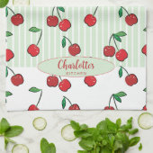 Retro Cherries Red White Green Modern Stripe Theedoek (Gevouwen)