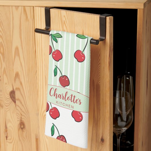 Retro Cherries Red White Green Modern Stripe Theedoek (Derde Gevouwen)