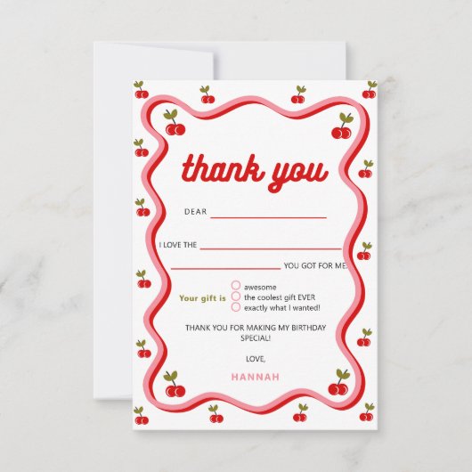 Retro Cherry 1e Verjaardag Dank u kaart (Voorkant)