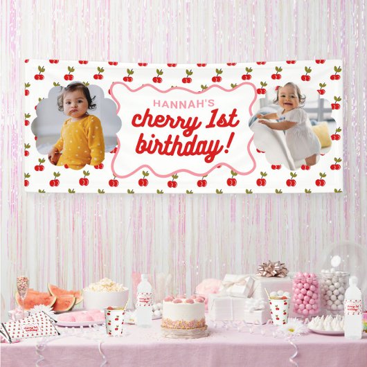 Retro Cherry 1e Verjaardag Fotofeestbanner Spandoek