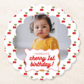 Retro Cherry 1e Verjaardag Fotofeestje Kartonnen Onderzetters (Voorkant)