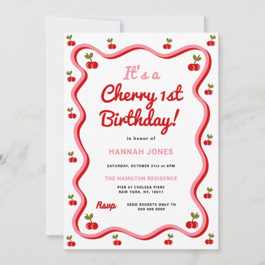 Retro Cherry 1e Verjaardag uitnodiging (Voorkant)