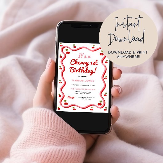 Retro Cherry 1e Verjaardag uitnodiging