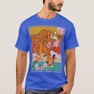 Retro Cherry Blossom Wild Cat Animal Sakura Asian T-shirt