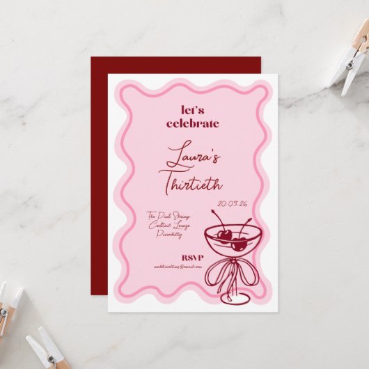 Retro Cherry Cocktail 30th Birthday Invite Bows Kaart (Voorkant / Achterkant in situ)