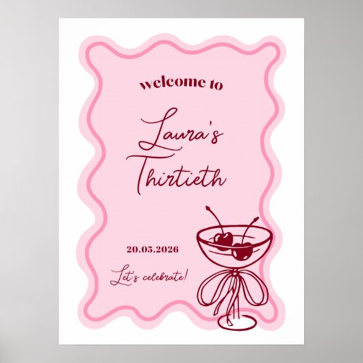 Retro Cherry Cocktail Birthday Party Welcome Sign Poster (Voorkant)