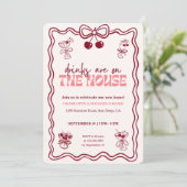 Retro Cherry Cocktail Red Bow Housewarming Party Kaart (Staand voorkant)