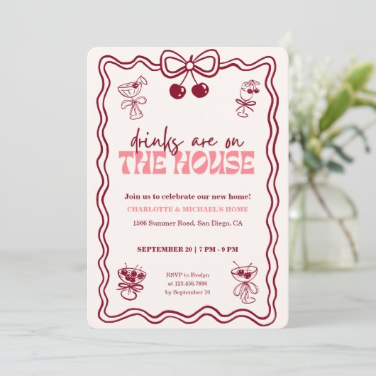 Retro Cherry Cocktail Red Bow Housewarming Party Kaart (Staand voorkant)