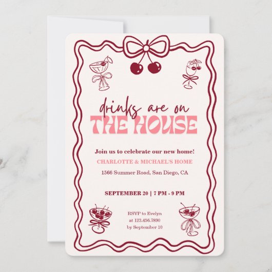 Retro Cherry Cocktail Red Bow Housewarming Party Kaart (Voorkant)