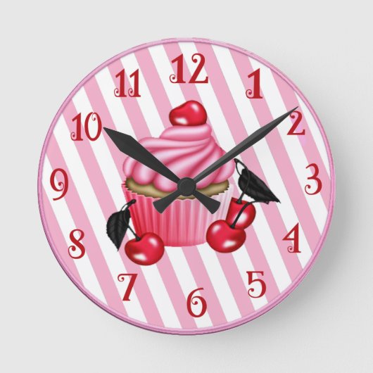 Retro Cherry Cupcake Wall Ronde Klok (Voorkant)