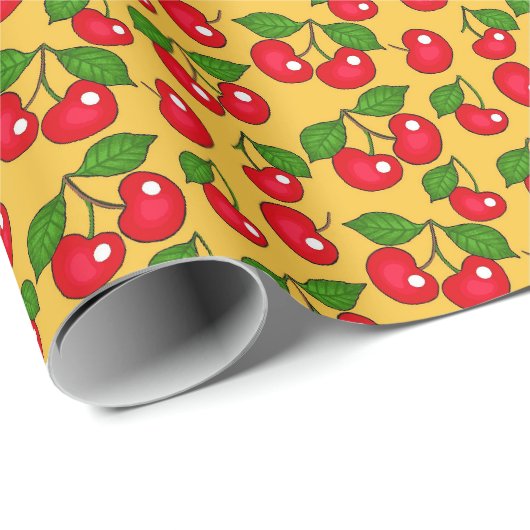 Retro Cherry Design / Geel Cadeaupapier (Rol Hoek)
