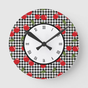 Retro Cherry Gingham Ronde Klok