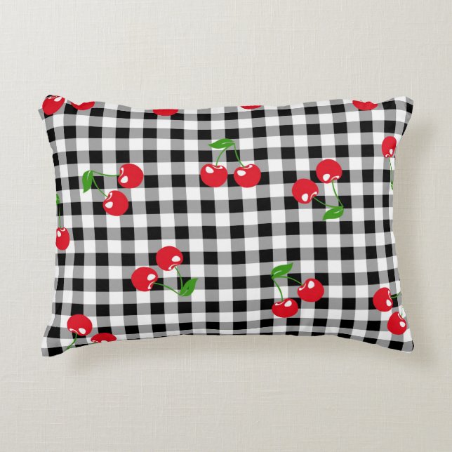 Retro Cherry Gingham Schattige Rood & Zwart Geruit Accent Kussen (Voorkant)