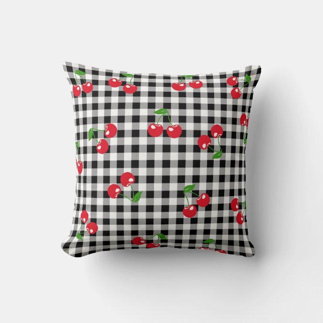 Retro Cherry Gingham Schattige Rood & Zwart Geruit Kussen (Voorkant)