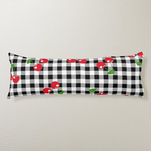 Retro Cherry Gingham Schattige Rood & Zwart Geruit Lichaamskussen (Voorkant)