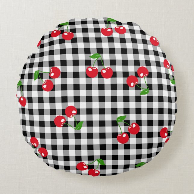Retro Cherry Gingham Schattige Rood & Zwart Geruit Rond Kussen (Voorkant)