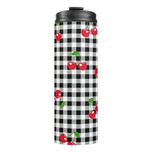 Retro Cherry Gingham Schattige Rood & Zwart Geruit Thermosbeker (Voorkant)