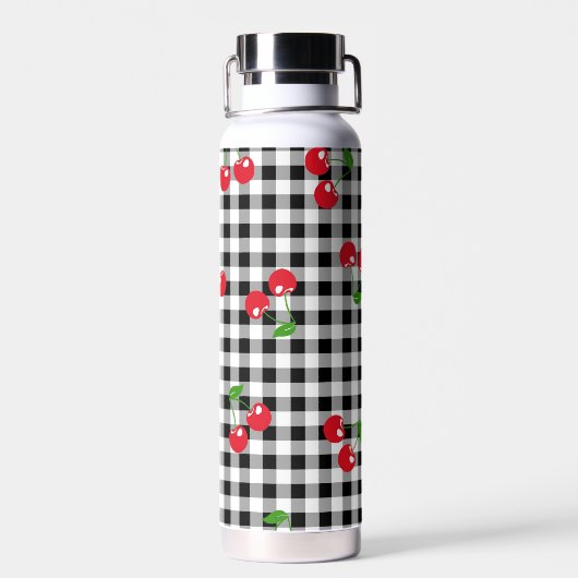 Retro Cherry Gingham Schattige Rood & Zwart Geruit Waterfles (Achterkant)