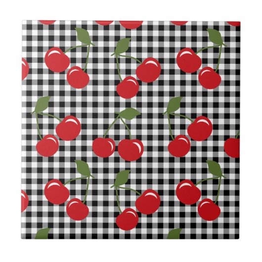 Retro Cherry Gingham Tegeltje (Voorkant)
