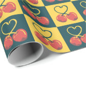 Retro Cherry Heart Shaped Stems Teal Mustard Check Cadeaupapier (Rol Hoek)