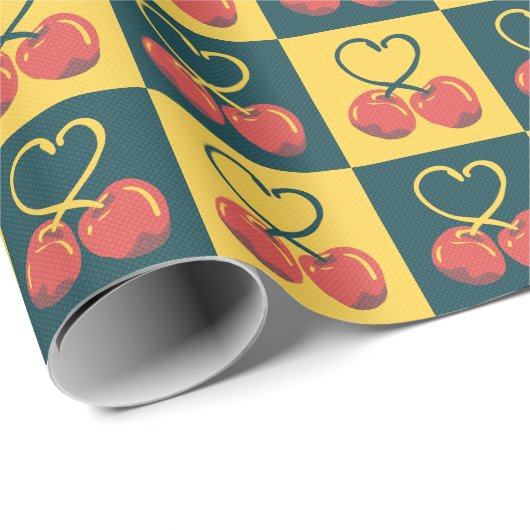 Retro Cherry Heart Shaped Stems Teal Mustard Check Cadeaupapier (Rol Hoek)