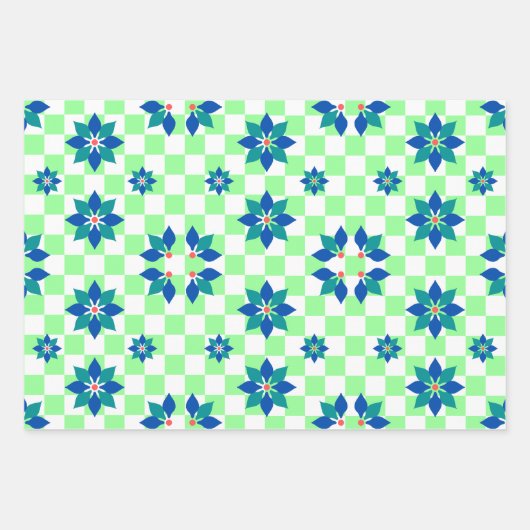 Retro Chess Checker Patroon blauwe bloemen Inpakpapier Vel (Voorkant 3)