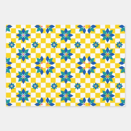 Retro Chess Checker Patroon blauwe bloemen Inpakpapier Vel (Voorkant 2)