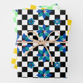 Retro Chess Checker Patroon blauwe bloemen Inpakpapier Vel (In situ)