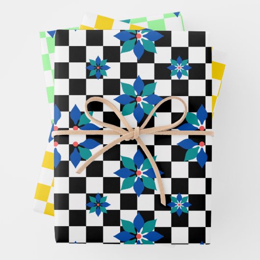 Retro Chess Checker Patroon blauwe bloemen Inpakpapier Vel (In situ)