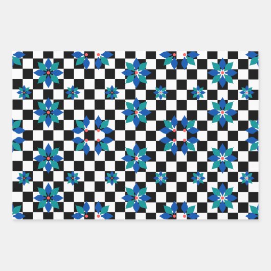 Retro Chess Checker Patroon blauwe bloemen Inpakpapier Vel (Voorkant)