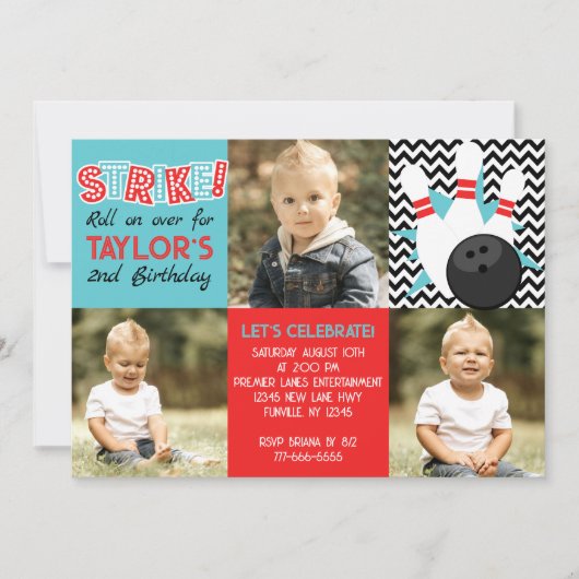 Retro Chevron Bowling 3 foto verjaardag uitnodigin Kaart (Voorkant)