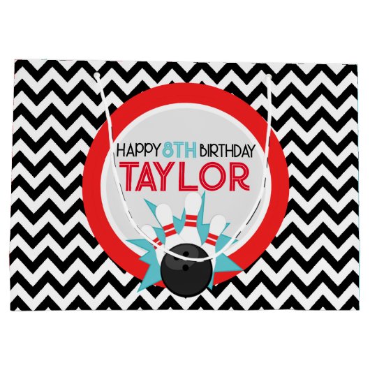 Retro Chevron Bowling Verjaardag Gift Bag Groot Cadeauzakje (Achterkant)