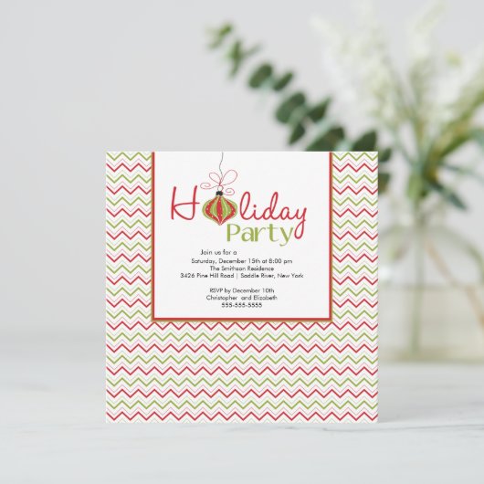 Retro Chevron Red en Green Holiday Party Uitnodigi Kaart (Staand voorkant)