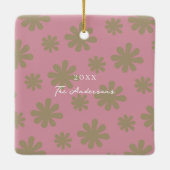 Retro Chic 70s Roze en Gouden Bloemen Familiefoto Keramisch Ornament (Achterkant)