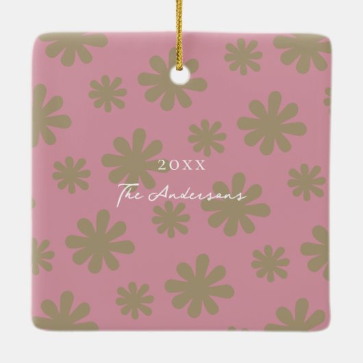 Retro Chic 70s Roze en Gouden Bloemen Familiefoto Keramisch Ornament (Achterkant)