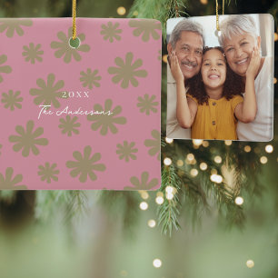 Retro Chic 70s Roze en Gouden Bloemen Familiefoto Keramisch Ornament