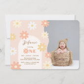 Retro Chic Bohemian Daisy 1st Birthday Baby Foto Kaart (Voorkant)