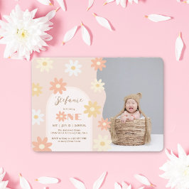Retro Chic Bohemian Daisy 1st Birthday Baby Foto Kaart