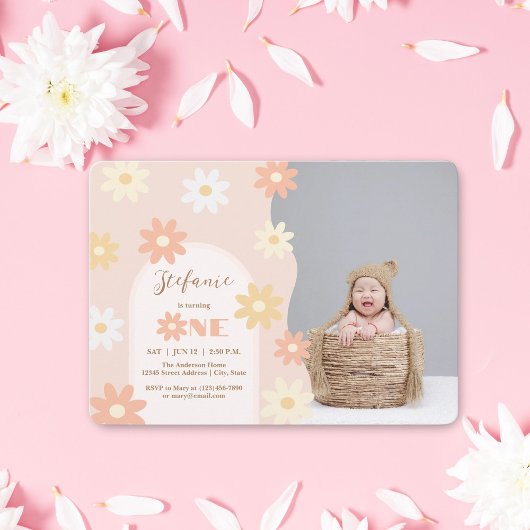 Retro Chic Bohemian Daisy 1st Birthday Baby Foto Kaart