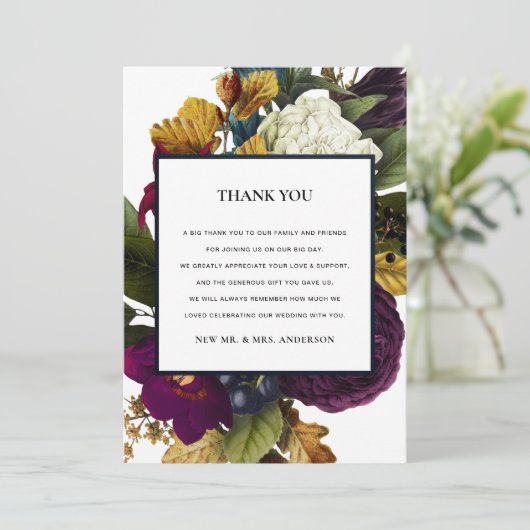  RETRO CHIC BURGUNDY HERFST FLORAL WEDING BEDANKKAART (Staand voorkant)