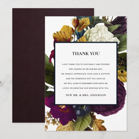  RETRO CHIC BURGUNDY HERFST FLORAL WEDING BEDANKKAART (Voorkant / Achterkant)