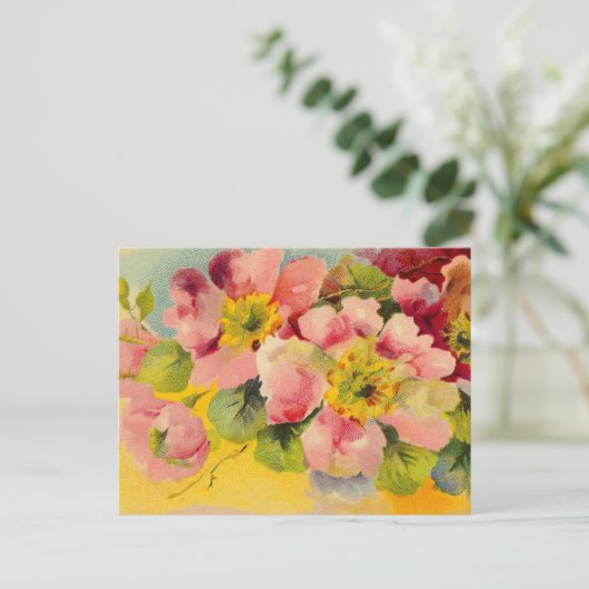 Retro Chic Elegant Roze  Bloemen Primroses Briefkaart (Staand voorkant)
